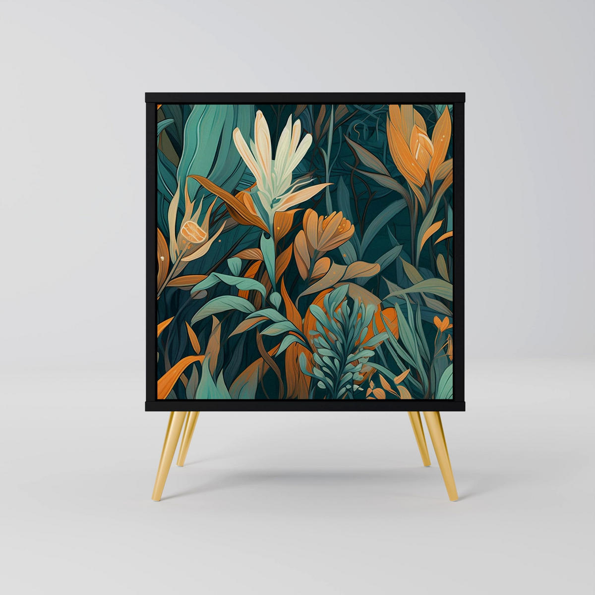 SIDEBOARD FLORAL SERENITY, Schwarz, 57,5x42x75,5 cm, Goldfarbene Metallfüße - Goldfarben/Multicolor, Holzwerkstoff/Metall (57.5/75.5/42cm) - SpaceRebels
