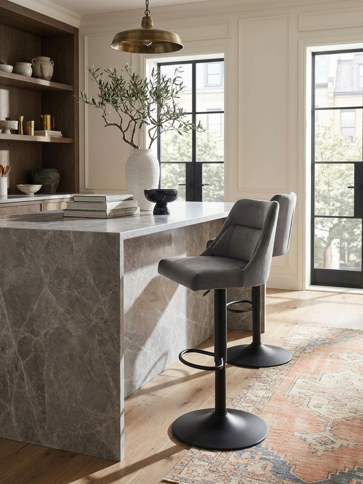 BARHOCKER Samt Lehne Höhenverstellbar Trompetenfuß Gepolstert, Grau 45x51x106 cm - Schwarz/Grau, Textil/Metall (45/106/51cm) - KADIMA DESIGN