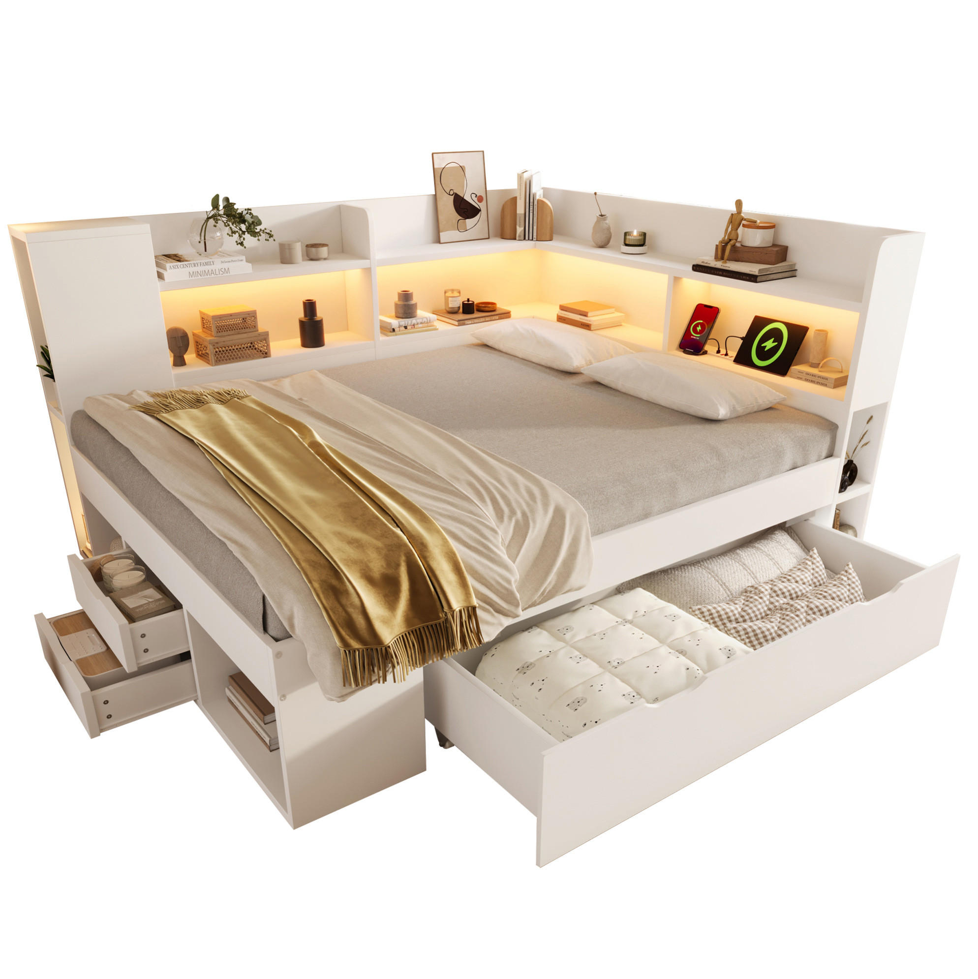 DENNÁ posteľ 140/200 cm biela s LED osvetlením úložným priestorom a USB nabíjaním z MDF a drevotriesky - biela, textil (140/200cm) - OKWISH