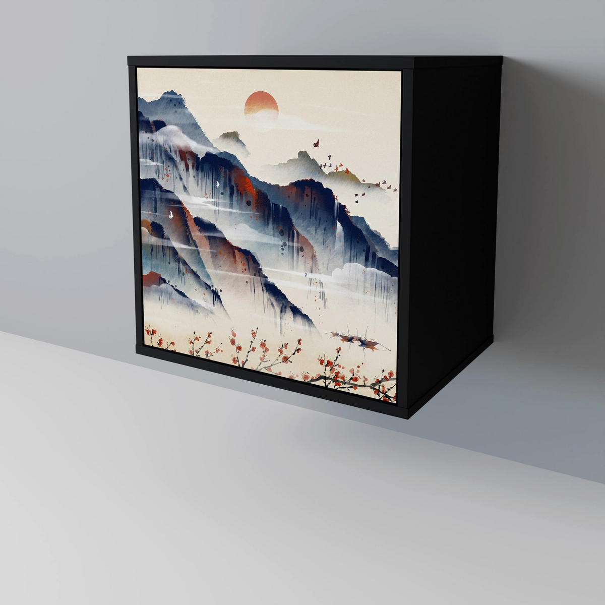 SIDEBOARD JAPANESE LANDSCAPE, Schwarz, 57,5x42x75,5 cm, Goldfarbene Metallfüße - Goldfarben/Multicolor, Holzwerkstoff/Metall (57.5/75.5/42cm) - SpaceRebels