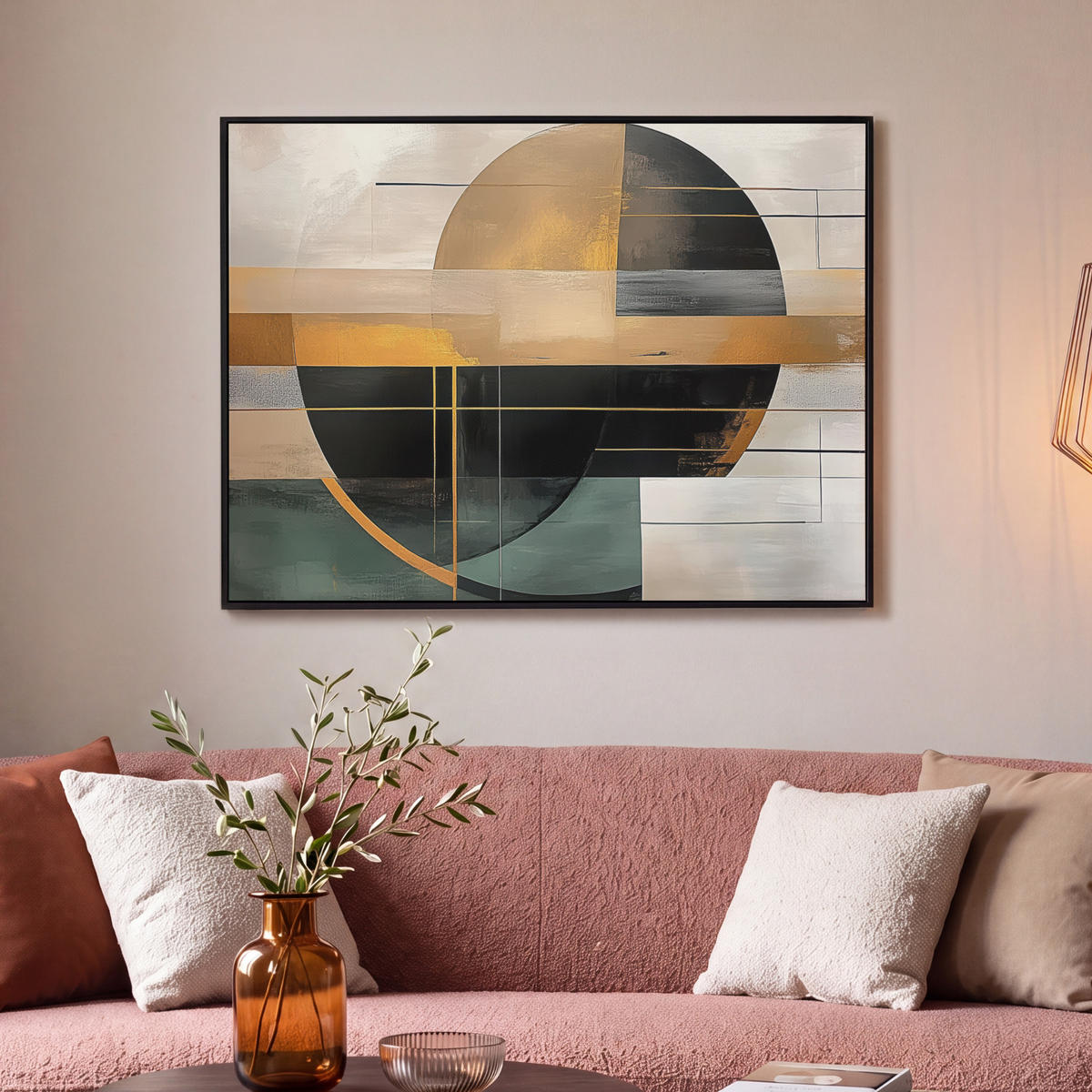LEINWAND Bilder mit Rahmen - Abstrakt - Gold - Bronze - Grün - Formen - Modern - 100x70 - Multicolor, Textil (100/70cm) - MuchoWow
