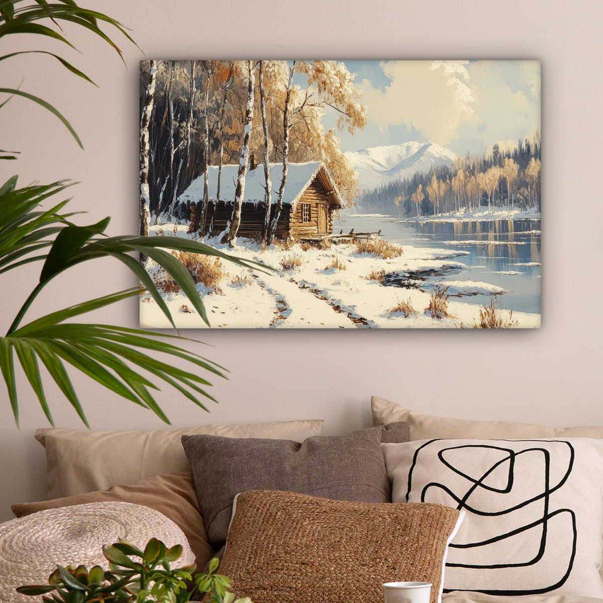 LEINWANDBILD Winter - Schnee - Zuhause - Natur Wanddeko 90x60 cm - Hellbraun, Textil (90/60cm) - MuchoWow