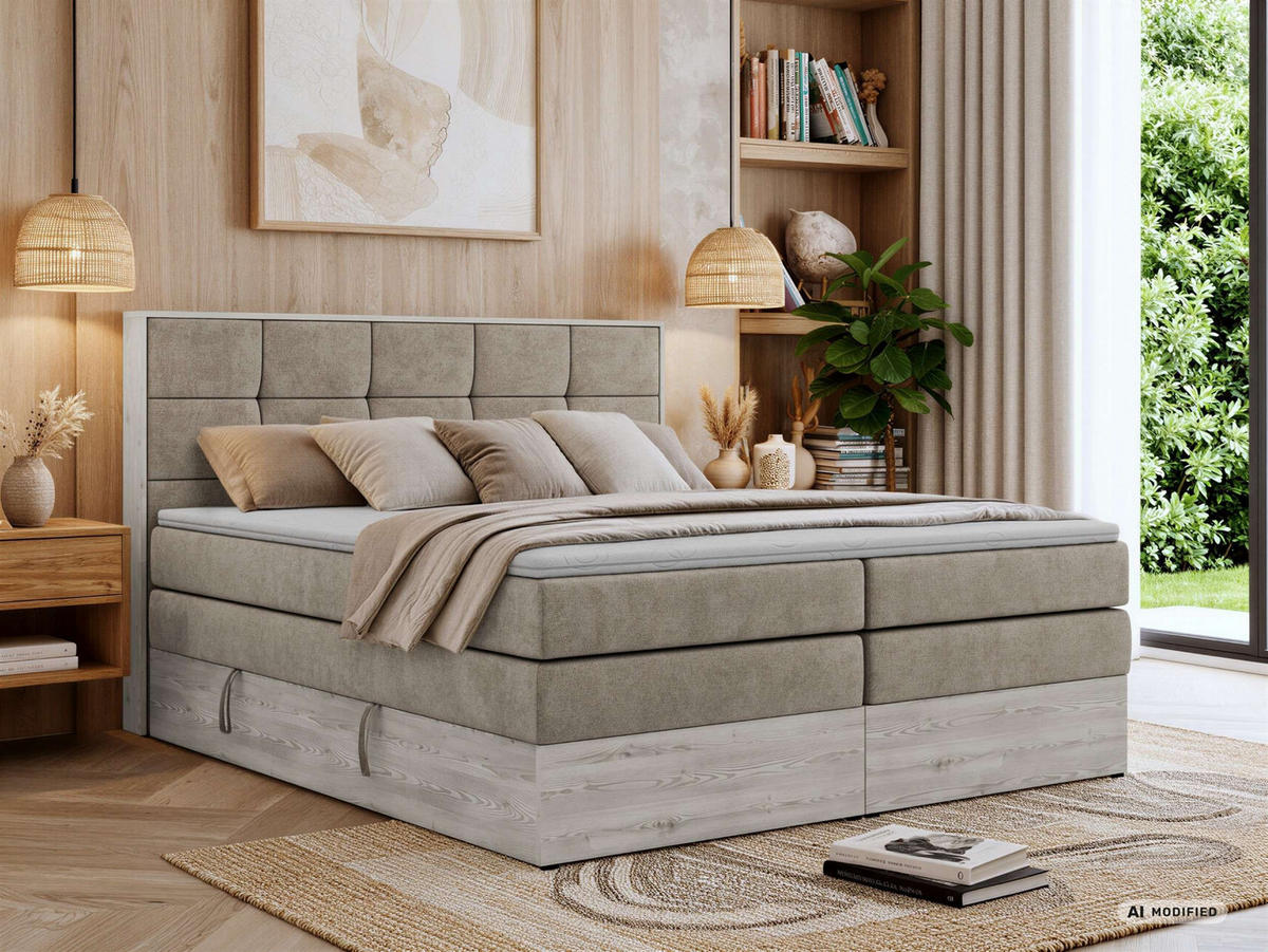 BOXSPRINGBETT ALNOR KING 200/200 - Greige Stukture - Topper Visco - H3 - Greige/Schwarz, Kunststoff/Textil (200/200cm) - MKS