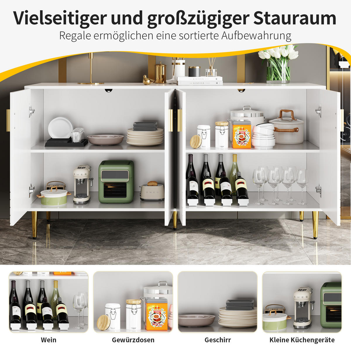 SIDEBOARD aus MDF 152x40x75 cm Weiß mit Wellenfront und goldfarbenen Griffen - Weiß, Holzwerkstoff (152/75/40cm) - IVMEU