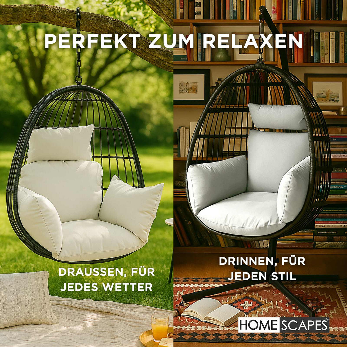KISSEN für Hängesessel – wetterfest mit Kopfstütze - Naturfarben, Textil (110/15/112cm) - Homescapes