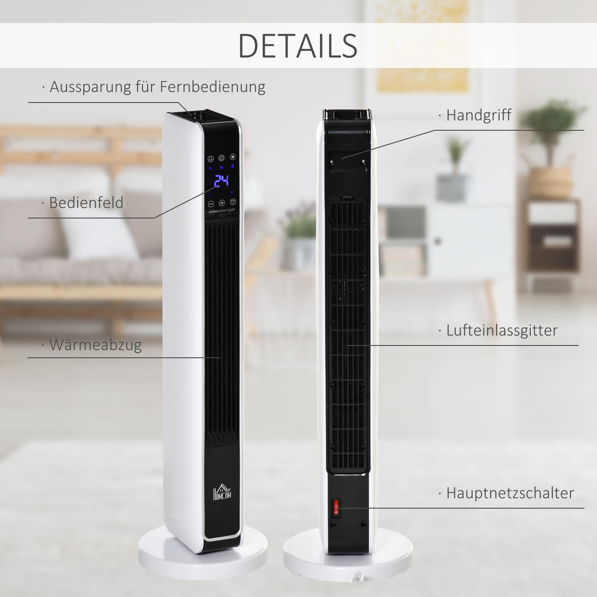 HEIZGERÄT, 2200W, mit Fernbedienung 8-Stunden-Timer, ABS, PA, Weiß+Schwarz - Weiß, Kunststoff (21/73/21cm) - HOMCOM