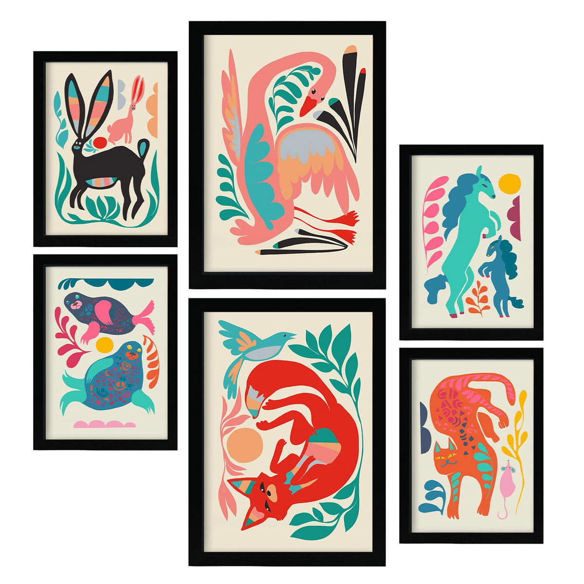 POSTER Set Mit 6 Linienrasse 1 In Tiere Zusammenfassungen A3 & A4 Schwarzer Rahmen - Schwarz, Papier (29/3cm) - Nacnic