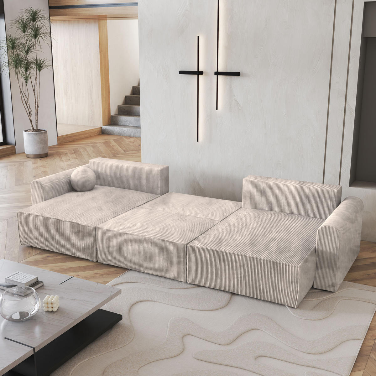 WOHNLANDSCHAFT FENTO P Creme Kordstoff mit Schlaffunktion - Creme, Holz (347/90/148cm) - MASSENO