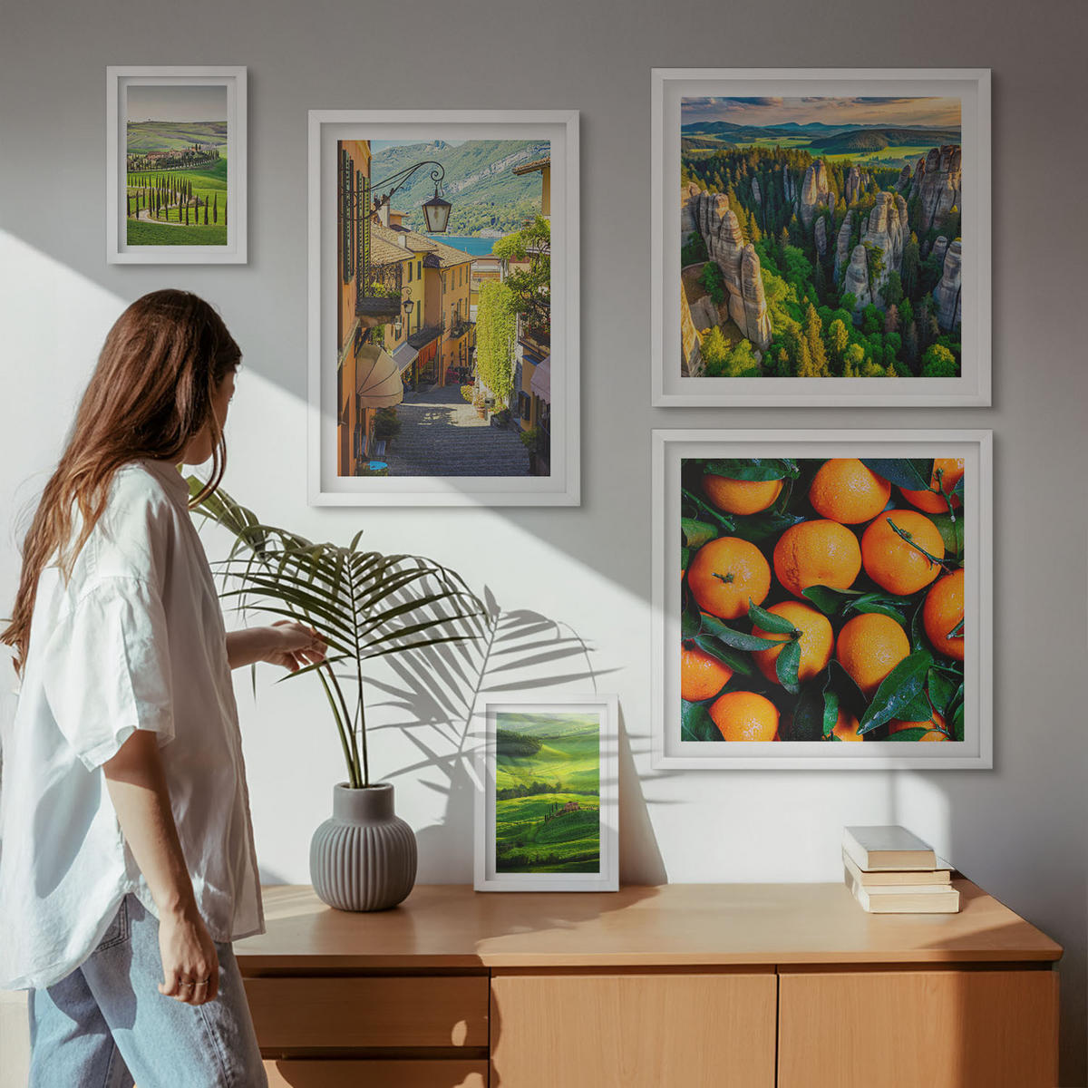 WANDBILDER 5er-Set - 50x50 cm & 20x30 cm & 40x60 cm Weißer Rahmen - Italienische Landschaft Orangen Natur - Weiß, Kunststoff (40/60cm) - ArtPrintCave