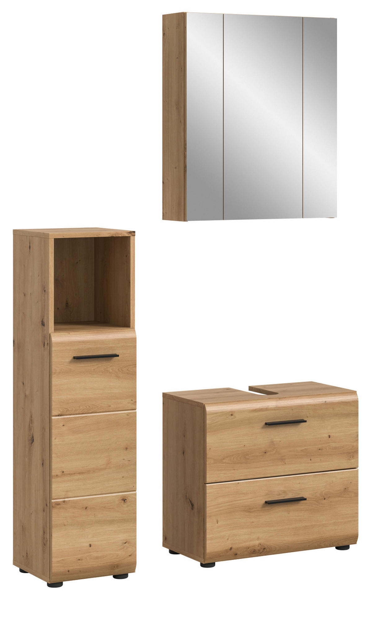 BADMÖBEL Set Eiche Artisan 3-teilig, Badkombination 105 cm, modernes Design, Cover - Schwarz/Eiche Artisan, Glas/Holzwerkstoff (105/185/30cm) - Inn.Furn