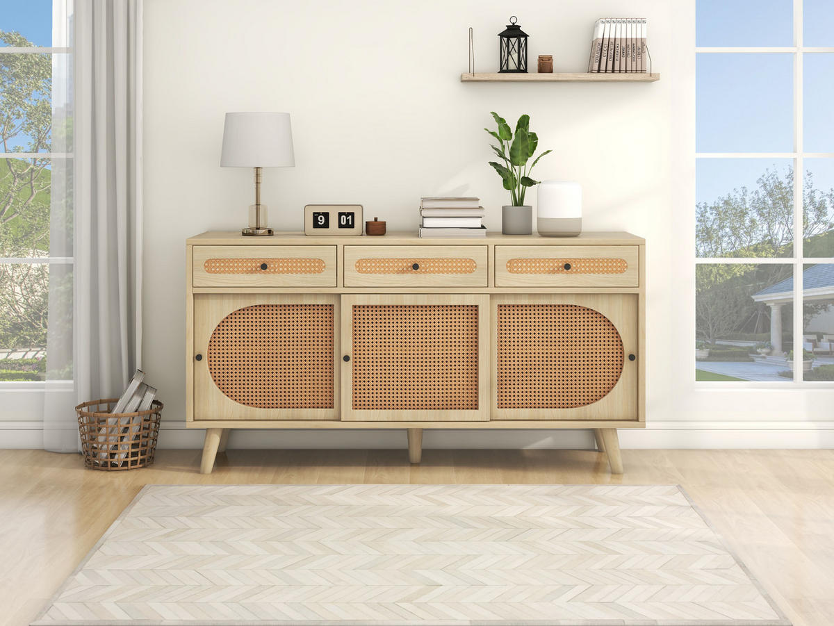 SIDEBOARD 140/40/78 cm, 3 Schubladen und 3 Türen, Oak-Optik mit PE-Rattantüren, Eiche - Eichefarben, Holzwerkstoff (140/78/40cm) - Redom