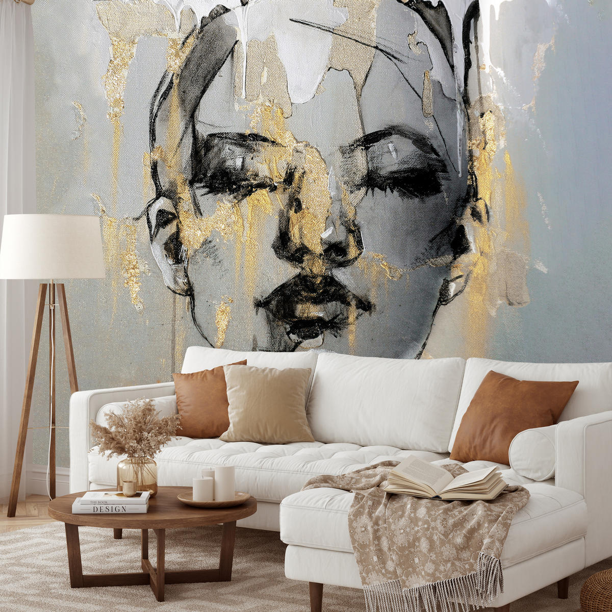 FOTOTAPETE für Wohnzimmer Frau Abstraktes Porträt Beton Modern Gold 200x140 - Gelb/Goldfarben, Papier (200/140cm) - Muralo