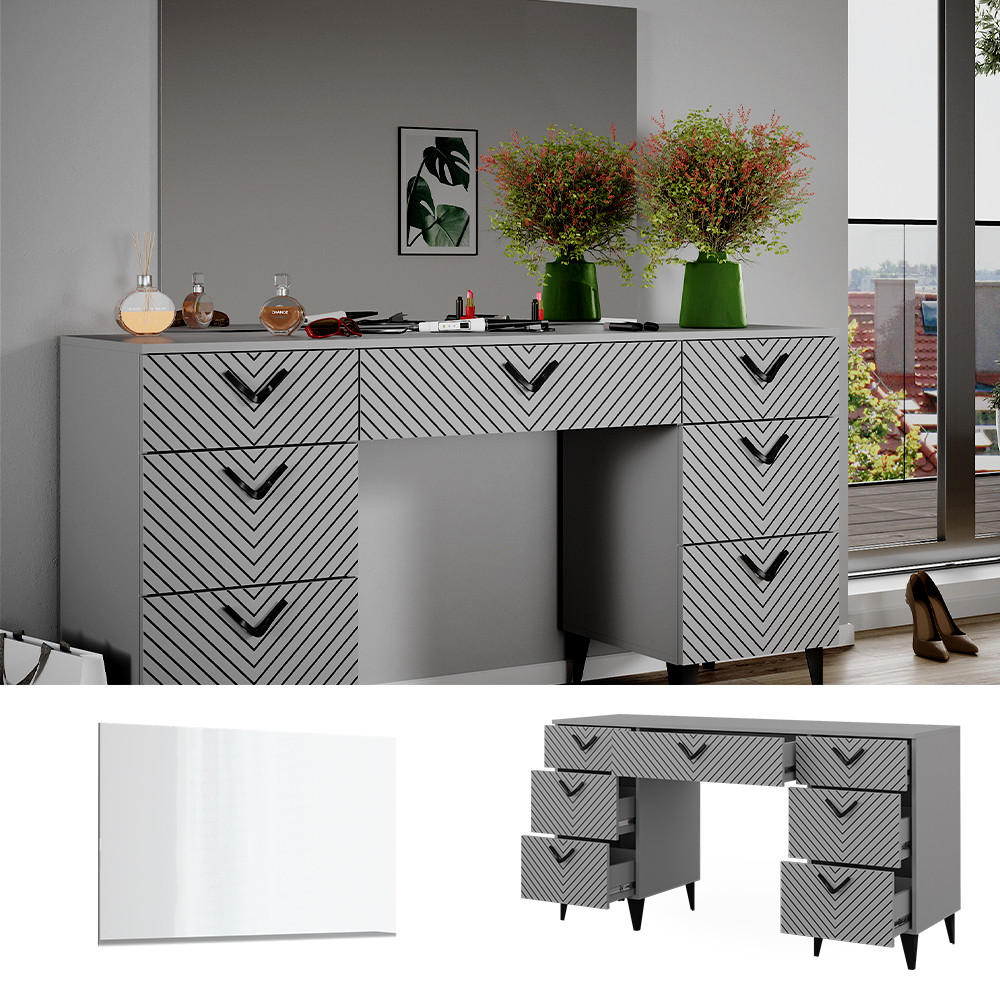 SCHMINKTISCH Anett Grau 150 cm mit 7 Schubladen - Grau, Holzwerkstoff (150/78.1/45cm) - Vicco