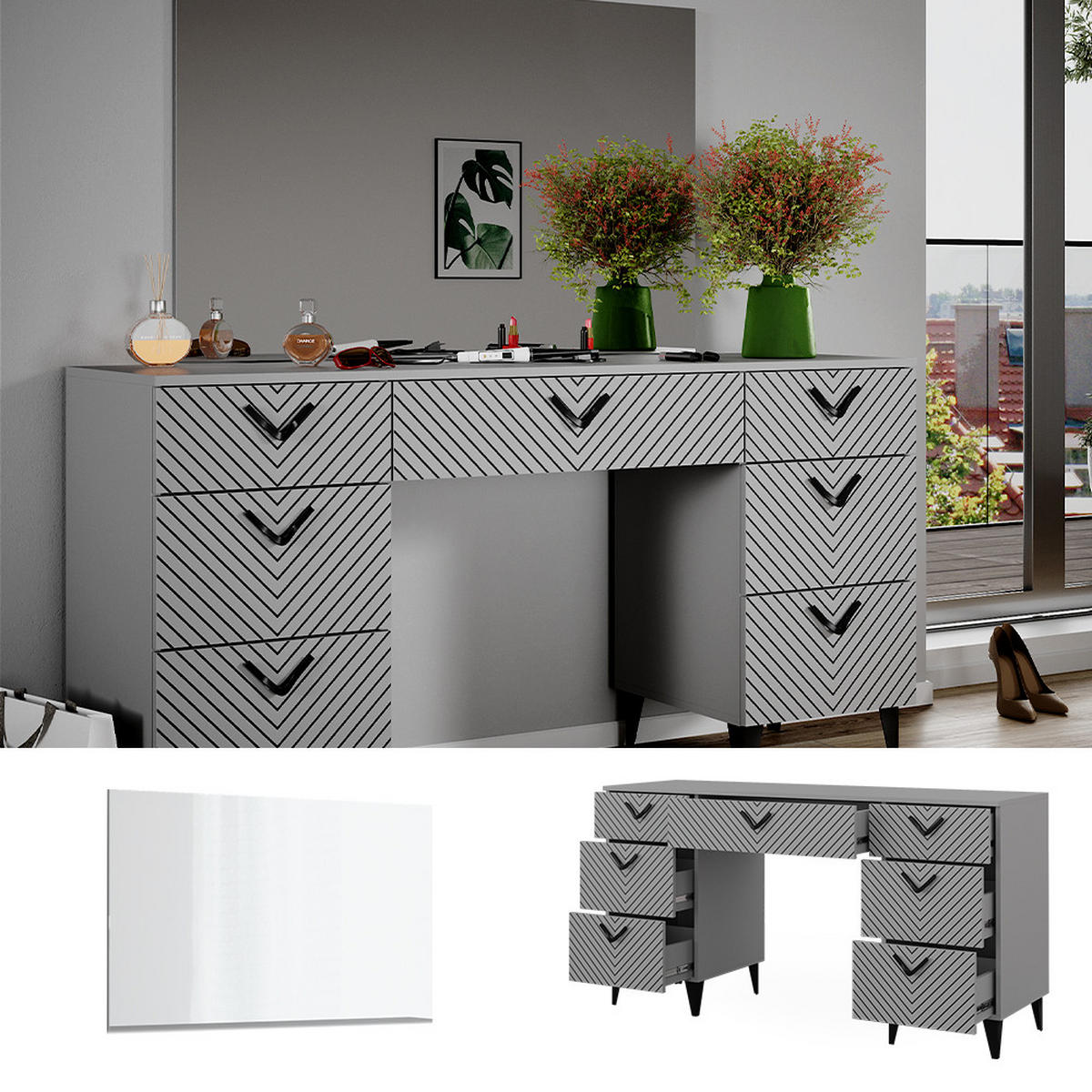 SCHMINKTISCH Anett Grau 150 cm mit 7 Schubladen - Grau, Holzwerkstoff (150/78.1/45cm) - Vicco