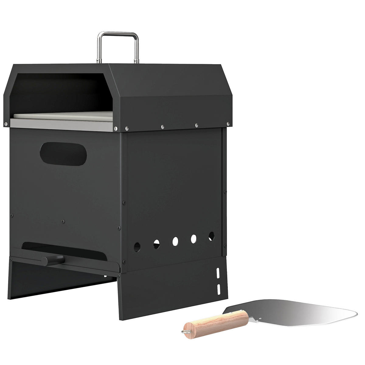 PIZZAOFEN DE-10300 3-in-1 holzbefeuert mit Pizzastein Schwarz - Schwarz, Metall (37.5/53.5/40cm) - ComfortXL