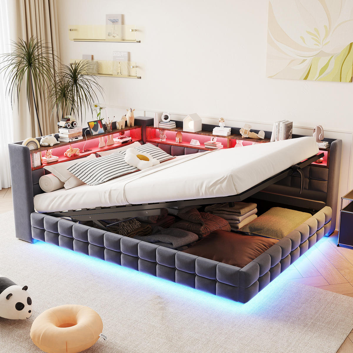 POLSTERBETT Dunkelgrau 140×200cm mit hydraulischem Stauraum, Holzregal, LED-Lichtleiste und Ladeanschlüssen - Dunkelgrau, Textil (140/200cm) - Luhomfu