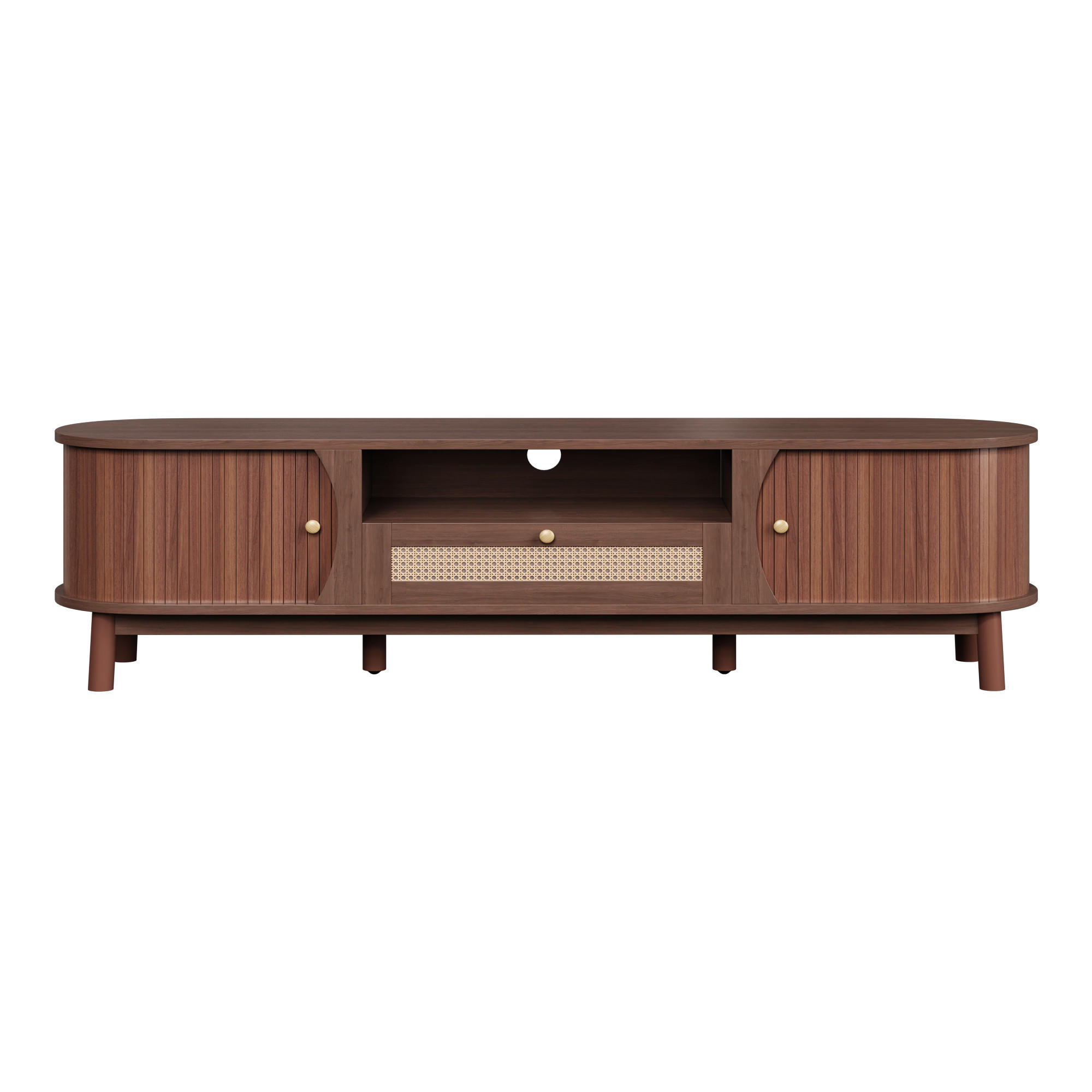 TV-SCHRANK Nussbaum 165/37/46 cm, Rattan-Optik, Schiebetür, Massivholzfüße - Walnussfarben, Holzwerkstoff (165/46/37cm) - PANGIVO
