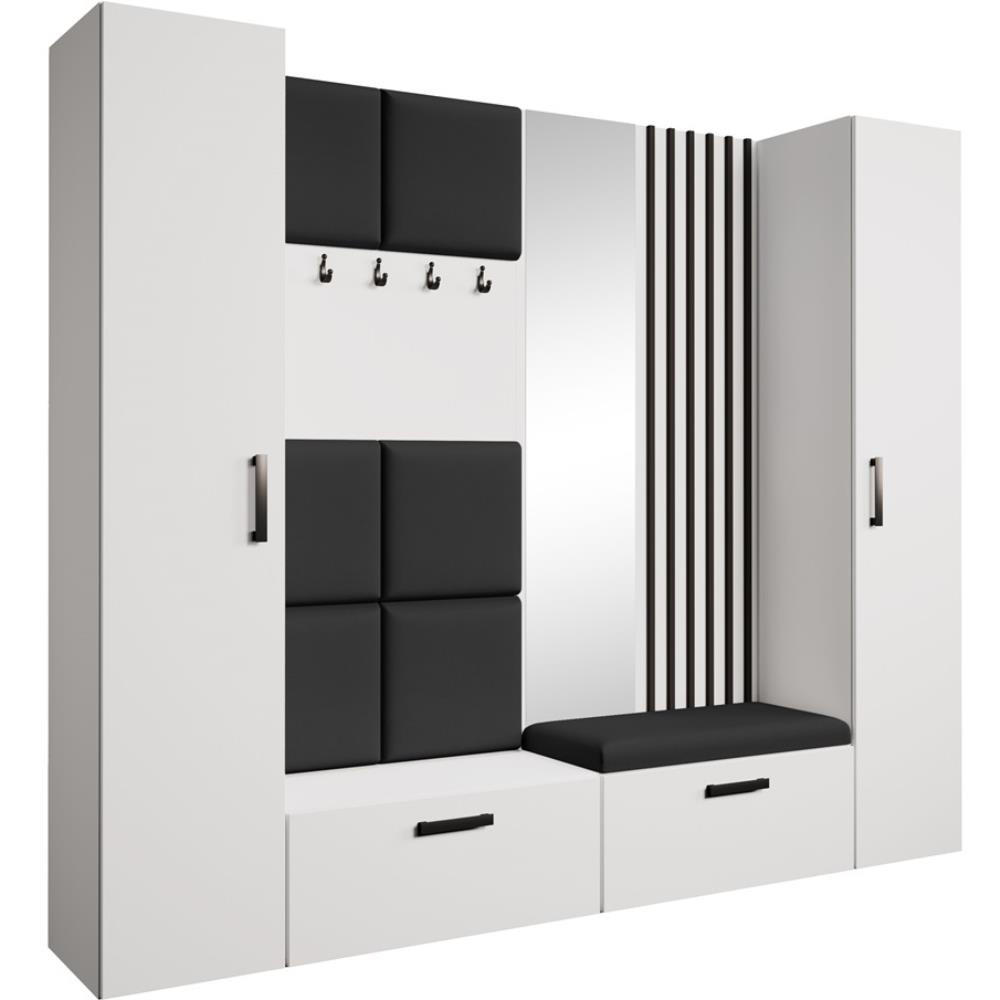 GARDEROBE Margaret XL 242/203/43 mit gepolsterten Paneelen/Lamellen/Spiegel - Schwarz/Weiß, Holzwerkstoff/Kunststoff (242/203/43cm) - Beautysofa