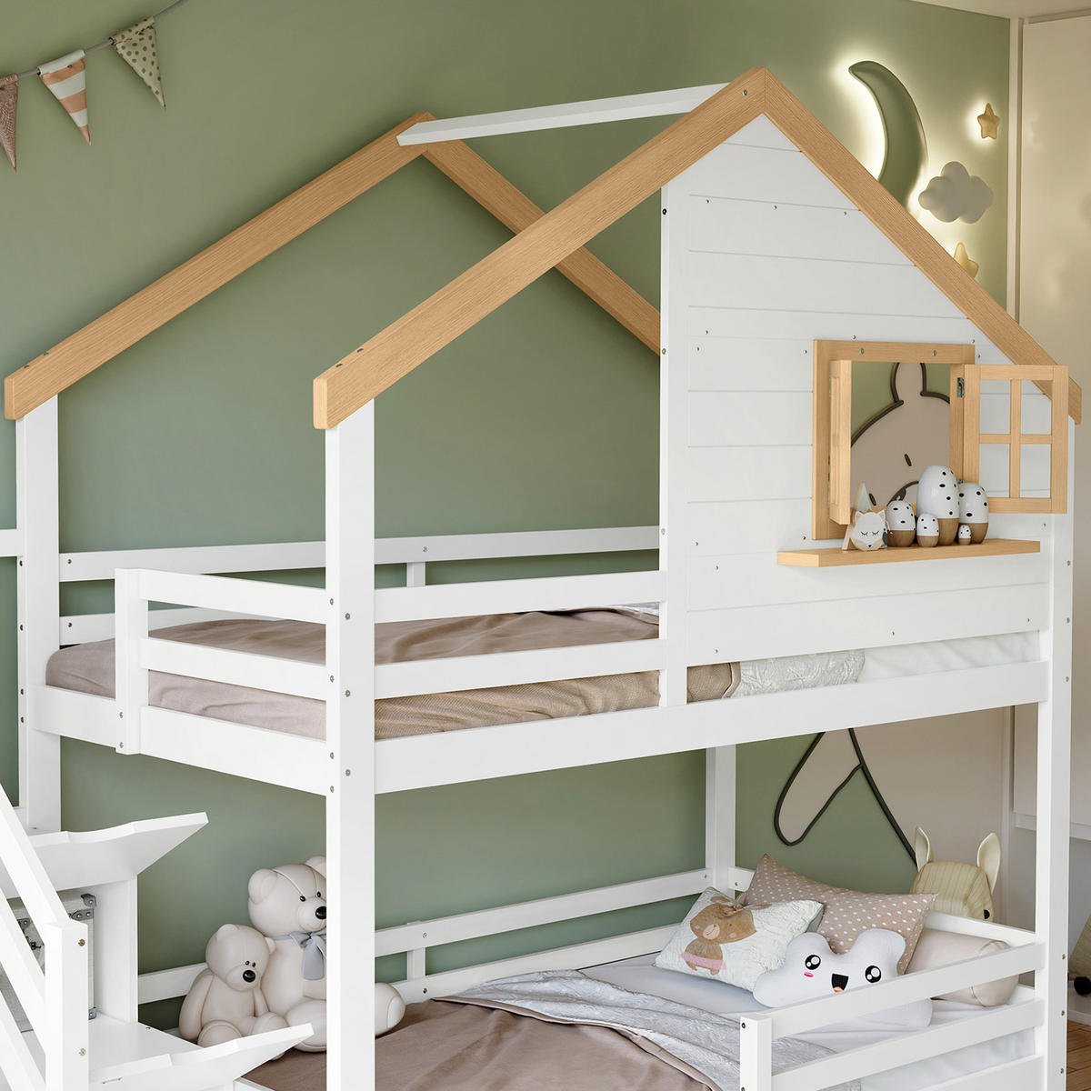 ETAGENBETT Kleinhaus Weiß+Natur 90x200cm - Naturfarben, Holz (90/200cm) - ComfortXL