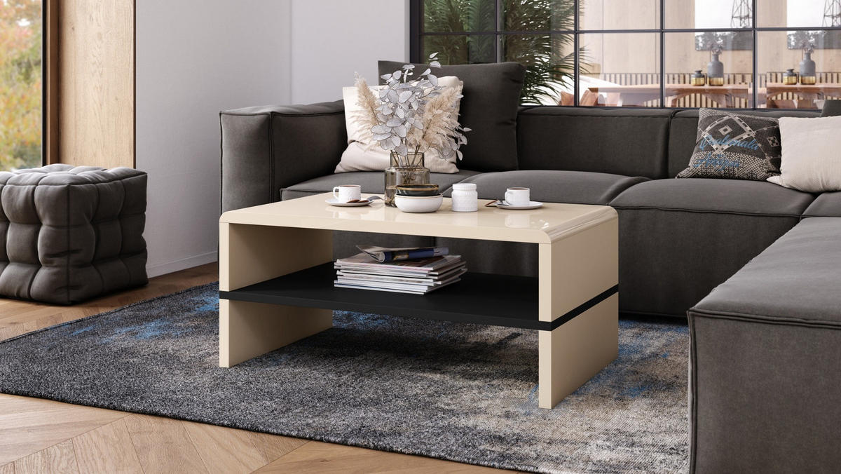 COUCHTISCH rechteckig Beige Hochglanz - Schwarz mit Ablage - Beige/Schwarz, Holzwerkstoff (60/100/43cm) - designimpex