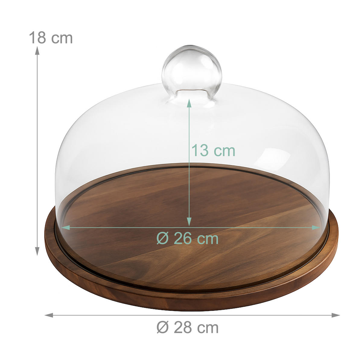 TORTENPLATTE Natur Transparent Akazienholz mit Glashaube 28 cm - Transparent, Glas/Holz (28/16/28cm) - Relaxdays