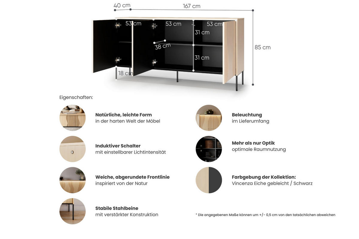 KOMMODE FAVOS 03 167/85/40 cm in Eiche Vincenza hell und Schwarz mit LED - Eichefarben/Schwarz, Holzwerkstoff (167/85/40cm) - Deine Möbel 24