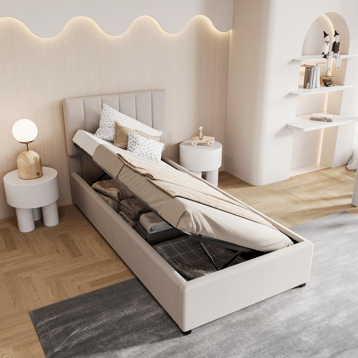 KINDERBETT 90/200 cm, in Beige, Stauraumbett mit Hydraulischem Bettkasten, Höhenverstellbares Gepolstertes Kopfteil, Lattenrost für Kinderzimmer - Beige/Schwarz, Holz/Textil (90/200cm) - BPKADHY