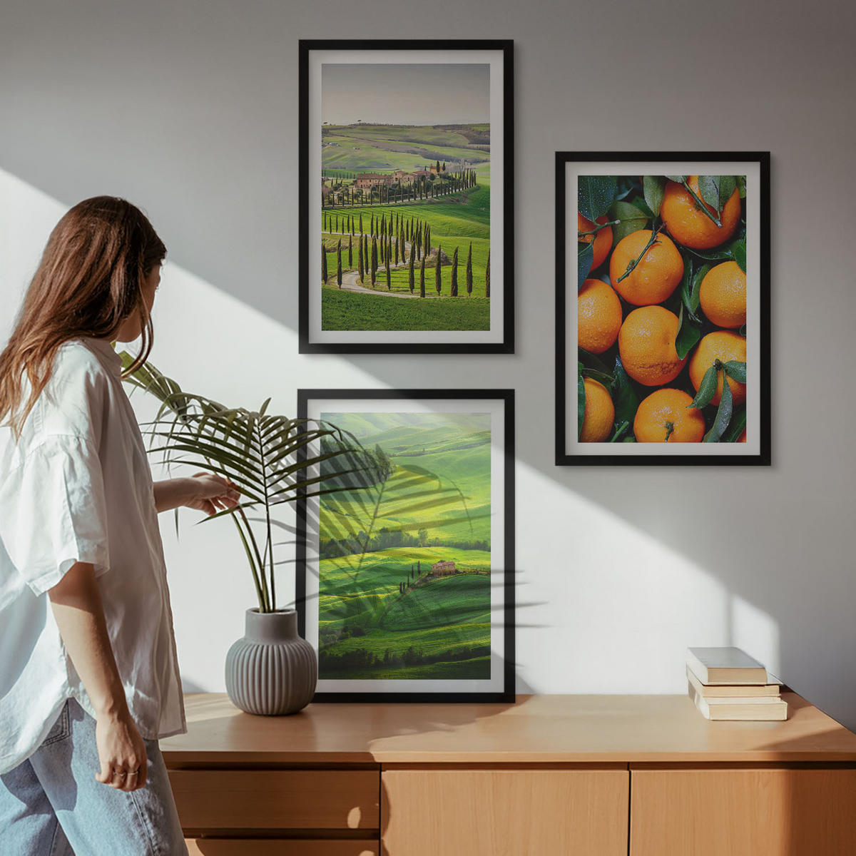 BILDER SET 3er Set - 40x60 cm Schwarzer Rahmen - Italienische Landschaft mit Orangen - Schwarz, Kunststoff (40/60cm) - TULUP