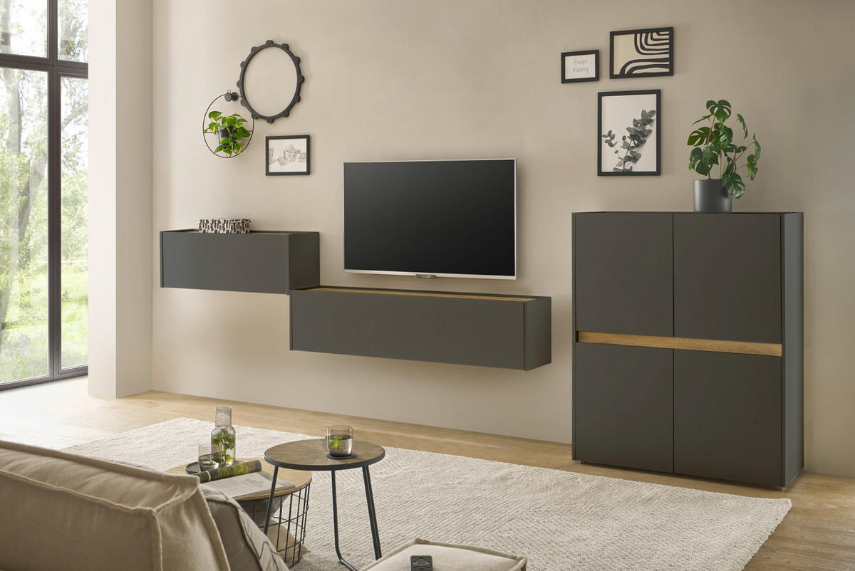 WOHNWAND 3-teilig grau matt, Eiche Wotan 370 cm, Schrankwand mit Sekretär - Eiche Wotan/Grau, Holzwerkstoff/Kunststoff (370/122/40cm) - Furn.Design
