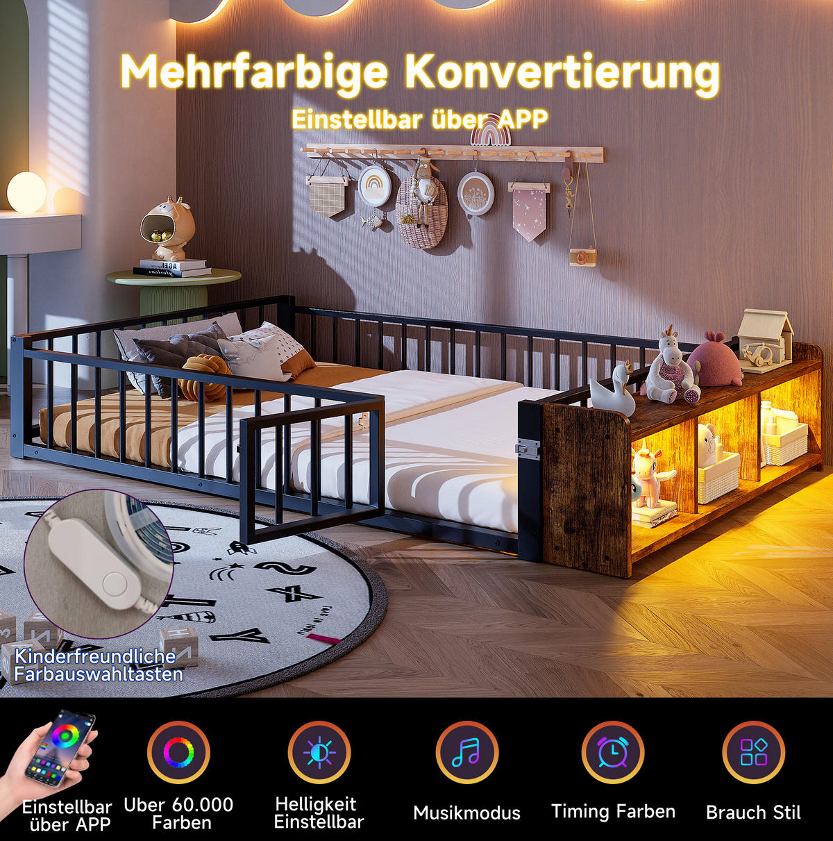KINDERBETT 224/145/35,5 cm aus Metall und MDF mit Schutzgeländer und LED-Beleuchtung Schwarz - Schwarz, Holzwerkstoff (140/200cm) - Modenvie