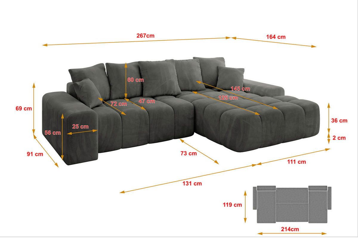 ECKSOFA Ottomane Rechts ENSI-L - 267x164x69 cm Anthrazit - Anthrazit, Holzwerkstoff/Kunststoff (164/267cm) - ALTDECOR