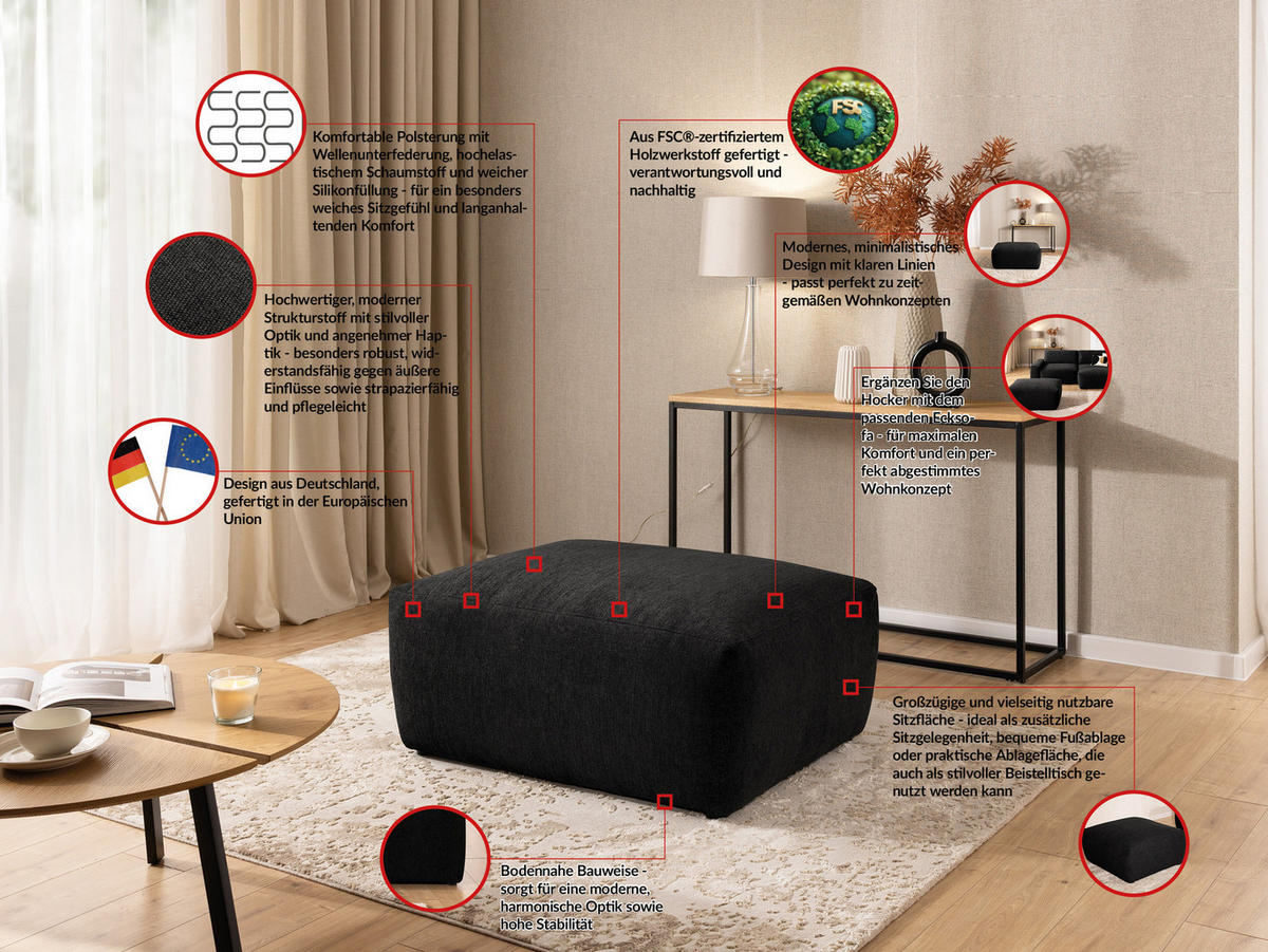 ECKSOFA inkl. Hocker Lennon aus Schwarz Strukturstoff mit Schlaffunktion und Bettkasten - Schwarz, Holz/Kunststoff (264/137cm) - S-Style