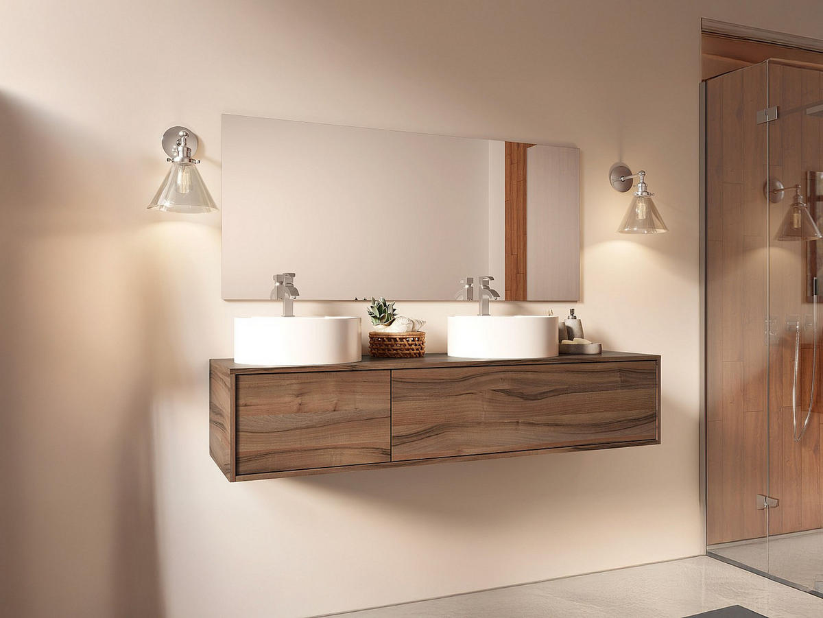 DOPPELWASCHTISCH - 150cm x 47cm - Holzspan - naturfarben dunkel - ISAURE - Naturfarben, Holz (150/32/47cm) - Vente-Unique