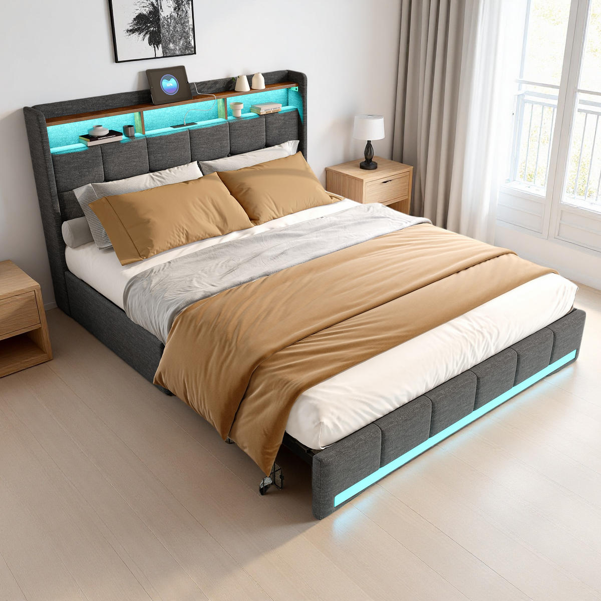 POLSTERBETT 140x190 cm Grau Leinen LED USB 4 Schubladen - Grau, Metall - SHOPENTRA