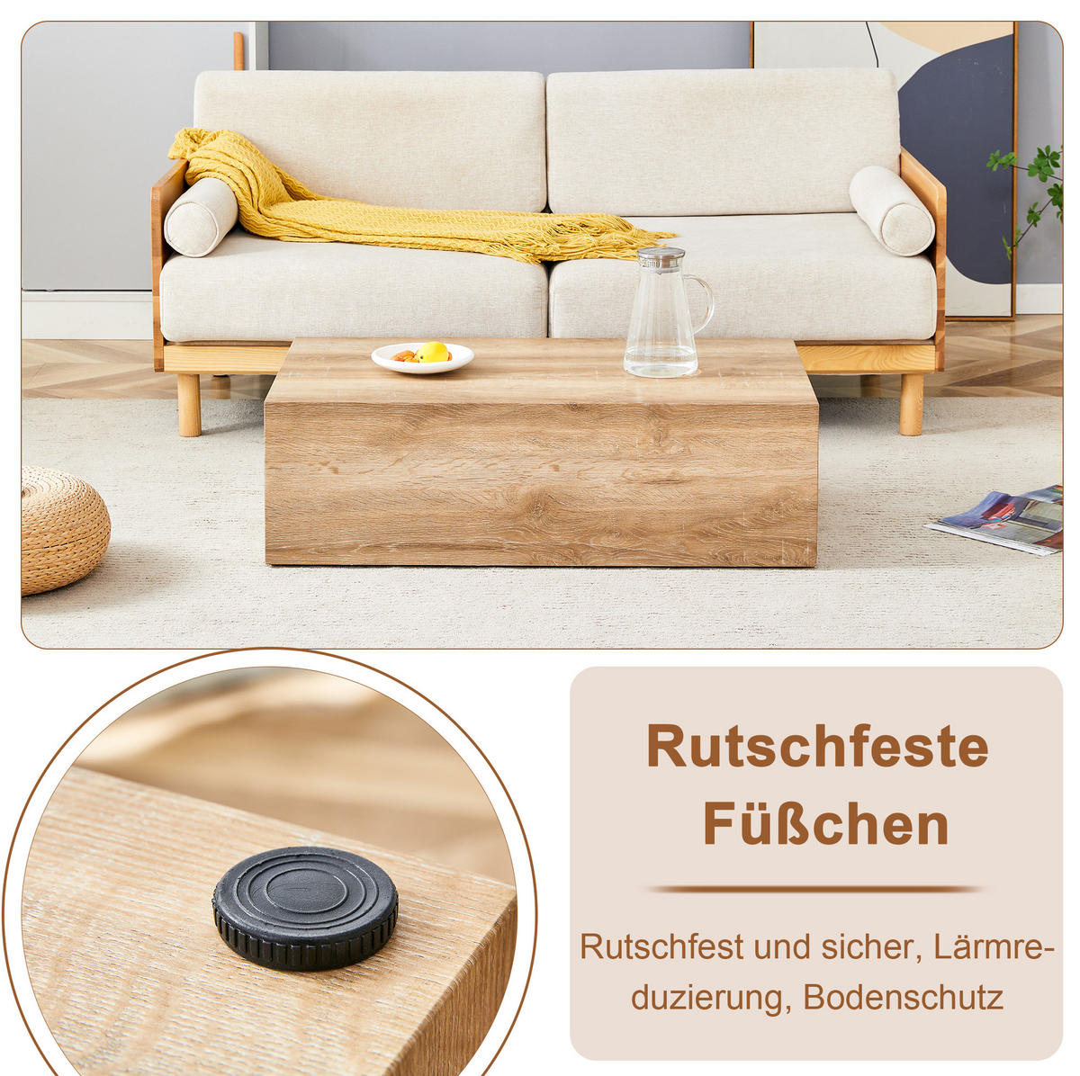 COUCHTISCH 90/50/30 cm ohne Montage mit Holzmaserung und rutschfesten Füßen, Holzfarben - Naturfarben, Holzwerkstoff (90/50/30cm) - Redom