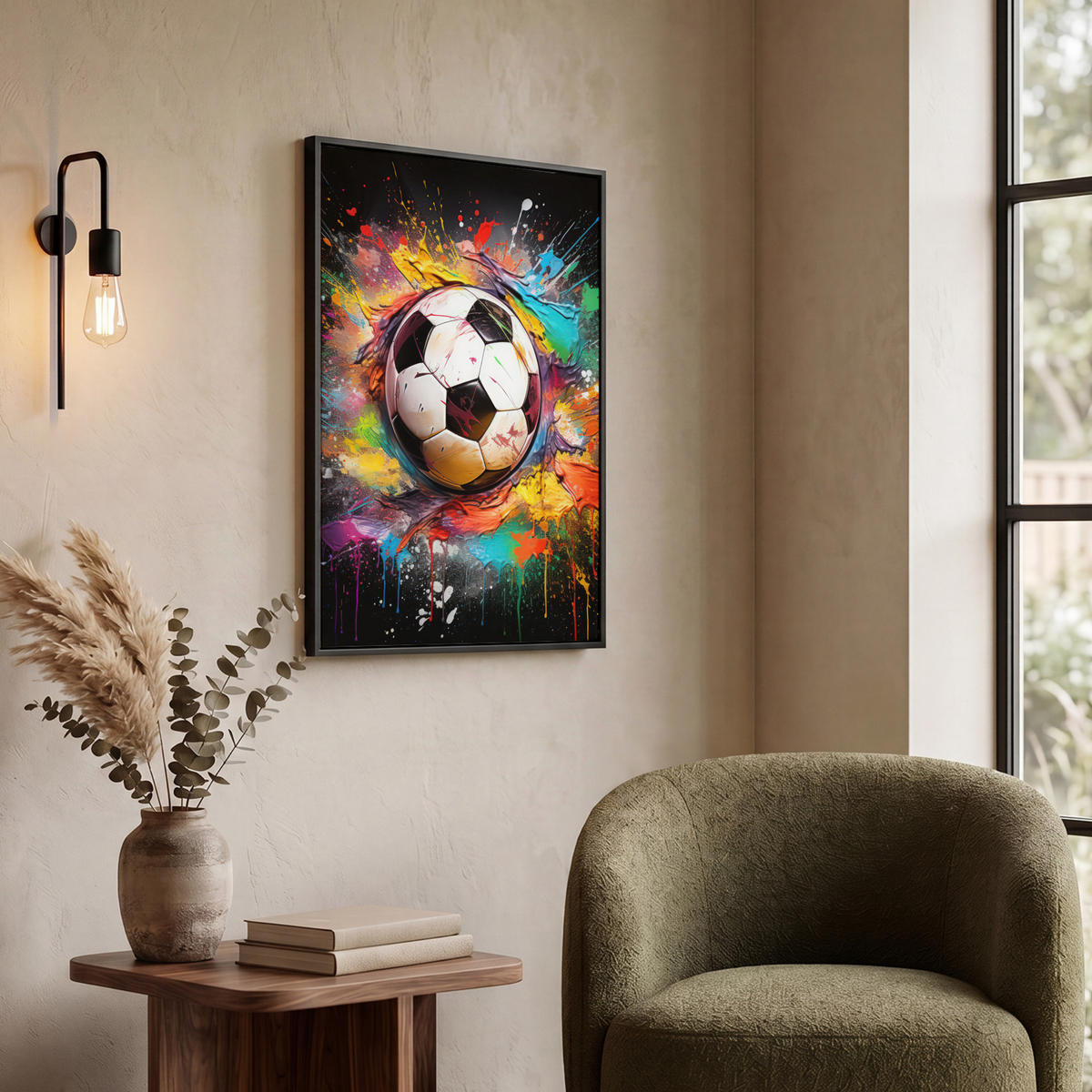 LEINWAND Bilder mit Rahmen - Fußball - Farbe - Farben - Schwarz - Weiß - 60x80 - Weiß, Textil (60/80cm) - MuchoWow