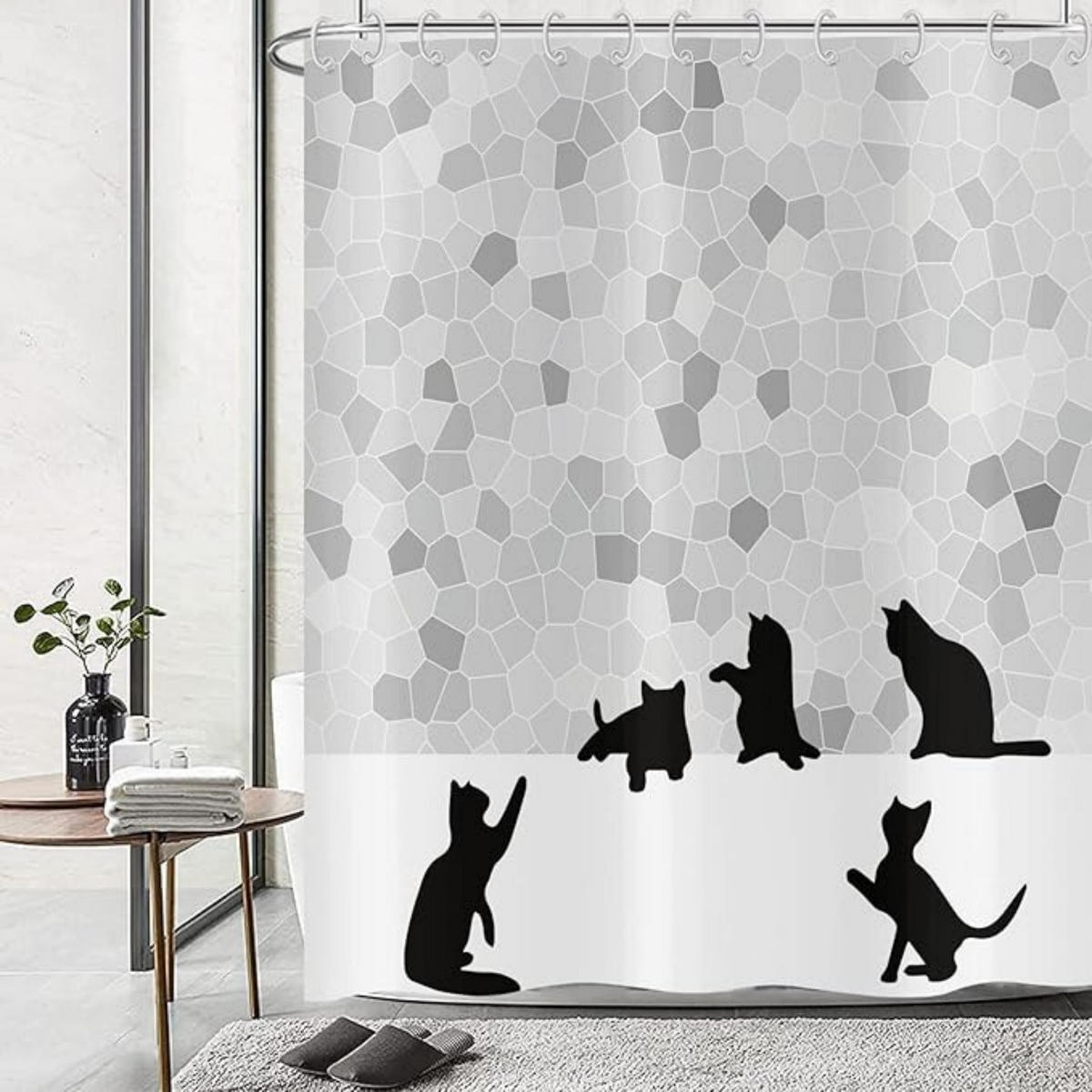 DUSCHVORHANG Schwarz Grau Katze Mosaik Badewanne Polyester waschbar mit Haken - Weiß, Textil (180/200cm) - MCBOSON