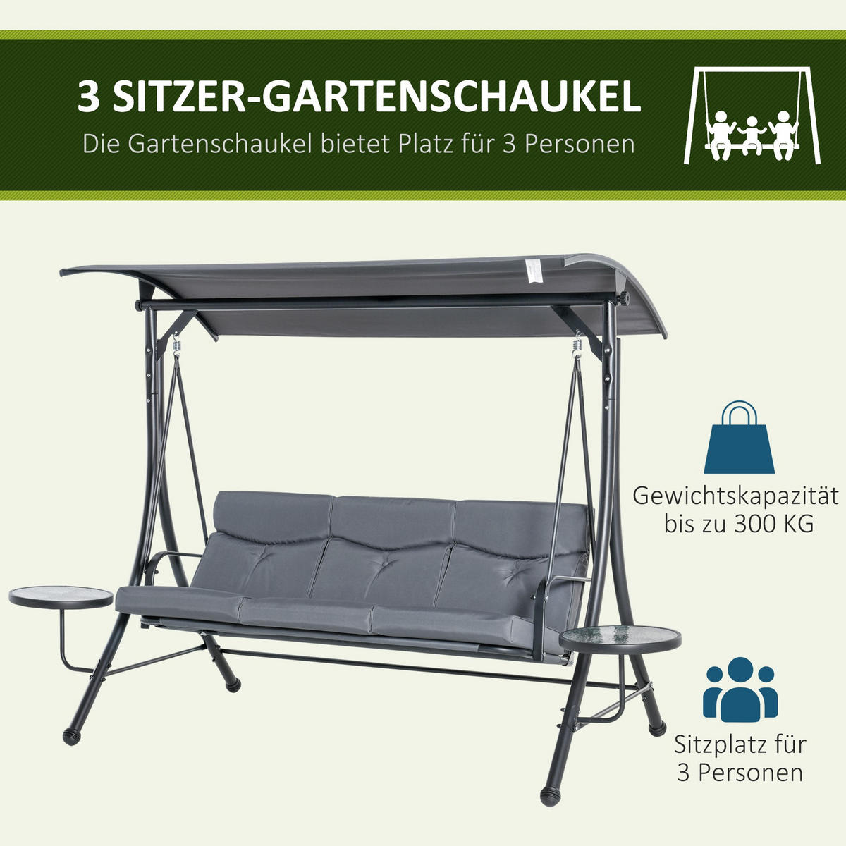 HOLLYWOODSCHAUKEL 3-SITZER DE-06975 verstellbares Sonnendach, Teetisch Grau/Schwarz - Schwarz/Grau, Metall (271/177/125cm) - ComfortXL