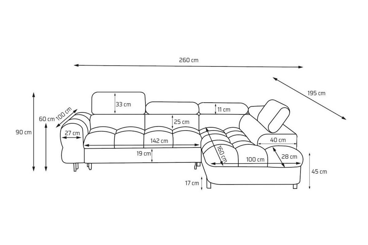 ECKSOFA BOWL L Rechts mit Schlaffunktion 125x195 Velours Dunkelgrau - Dunkelgrau/Schwarz, Holz/Textil (195/260cm) - Muffo