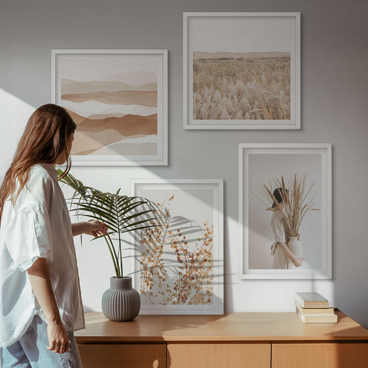 BILDER SET 4er Set - 50x50 cm & 40x60 cm Weißer Rahmen - Pflanzenmotive im Boho-Stil - Weiß, Kunststoff (50/50cm) - TULUP
