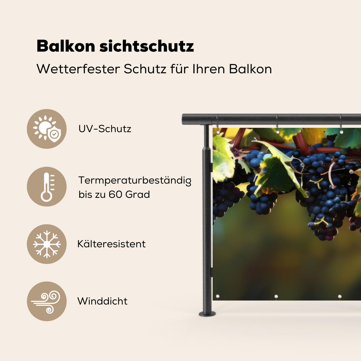 BALKON-SICHTSCHUTZ Trauben - Wein - Natur - Grün - Weinrot, Kunststoff (300/130cm) - MuchoWow