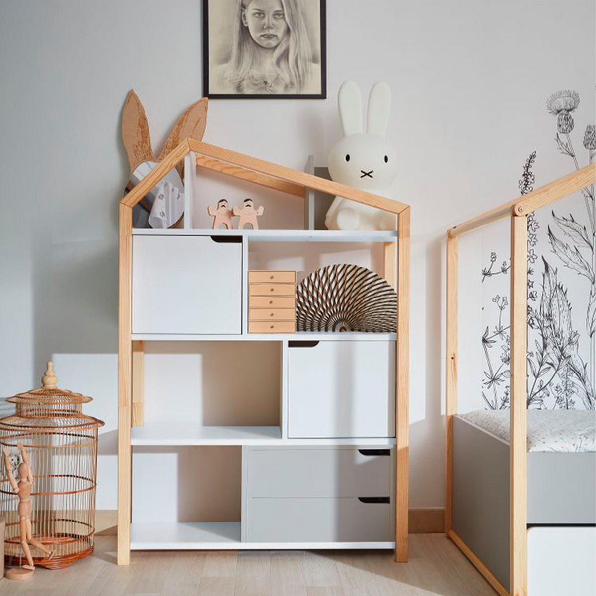 KNIHOVNA Šedá a bílá - bílá, kompozitní dřevo (89/130/31cm) - Petits-meubles