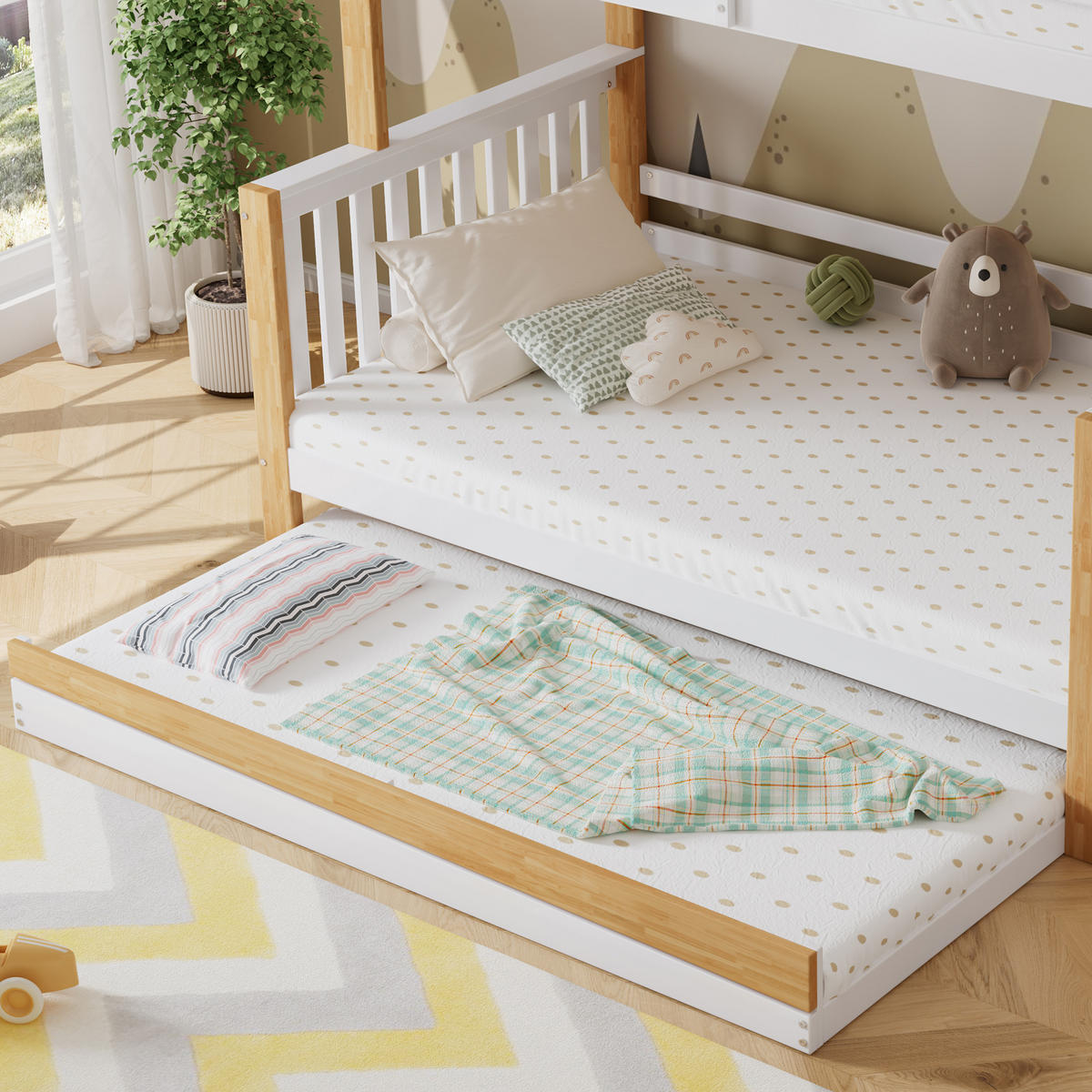 ETAGENBETT 90/200 cm & 120/200 cm in Weiß & Natur mit Rollbett, Regal und Treppe - Weiß/Naturfarben, Holz/Holzwerkstoff (90/200cm) - CHICFURN