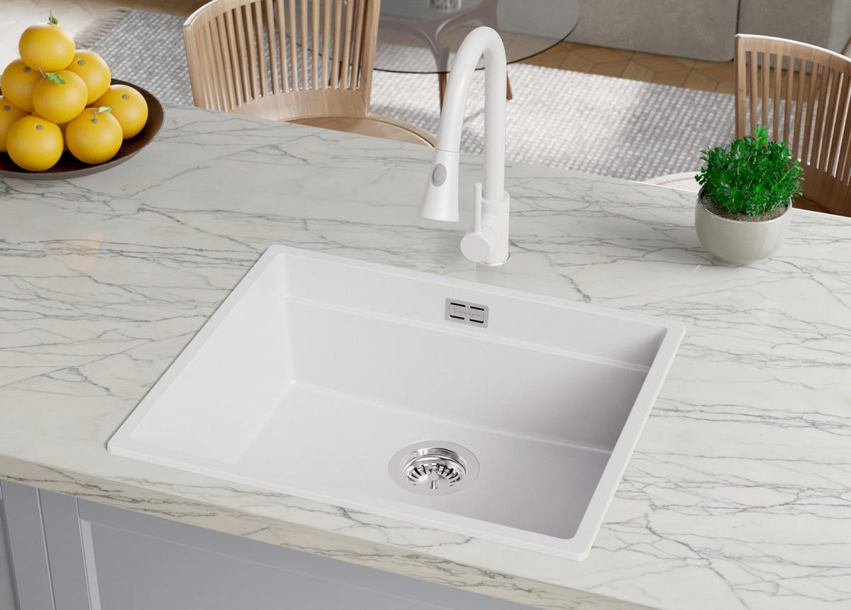 SPÜLBECKEN Praga Slim, 2-er set Weiß 56/47 cm 1 Becken + Ablauf-Set + Aufrollbare Abtropffläche ab 60er Unterschrank - Chromfarben/Weiß, Kunststoff (56/20/47cm) - Primagran