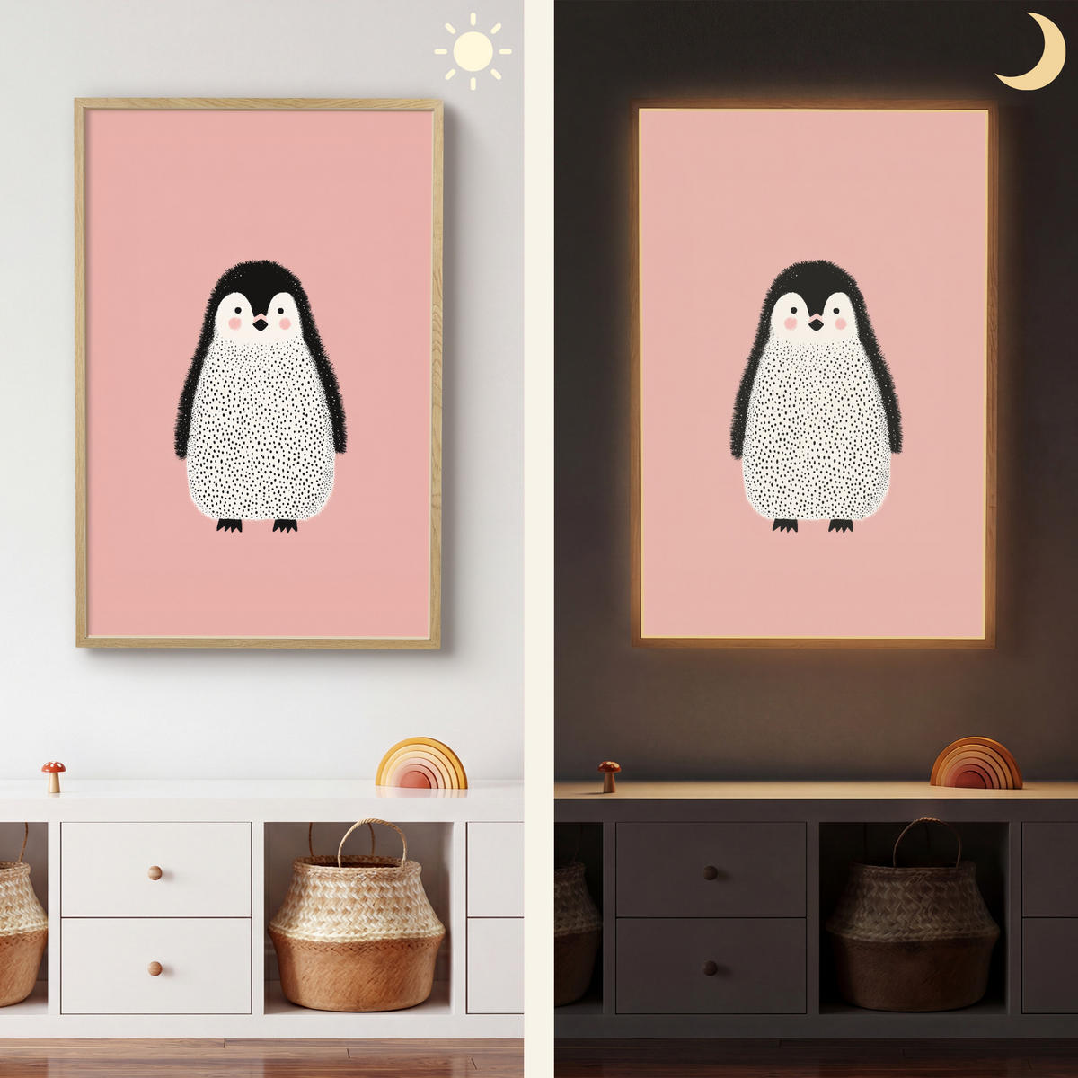 NÁSTĚNNÁ LAMPA S AKUMULÁTOREM Tučňák - Tečky - Minimalistický - Růžový 60x90 cm - růžová, kompozitní dřevo (60/90/8cm) - OnlyWow