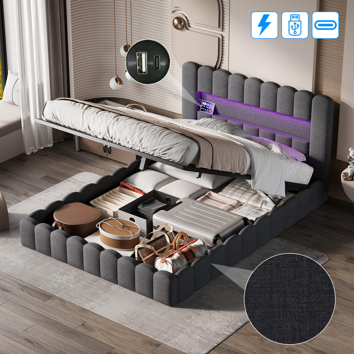 STAURAUMBETT 140x200 cm Doppelbett, mit USB-Anschluss und LED-Beleuchtung, Leinenstoff, Grau - Grau, Holz (140/200cm) - BRILVERDE