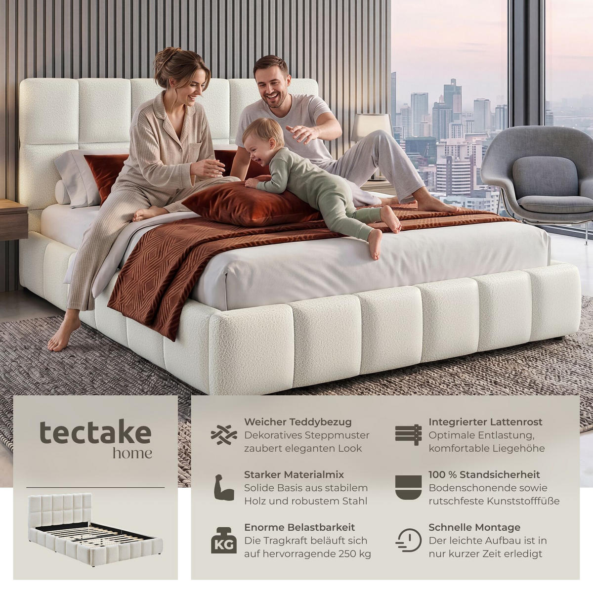 POLSTERBETT Shirley, Belastbarkeit 250 kg, Teddy creme - Creme, Holz (180/200cm) - tectake
