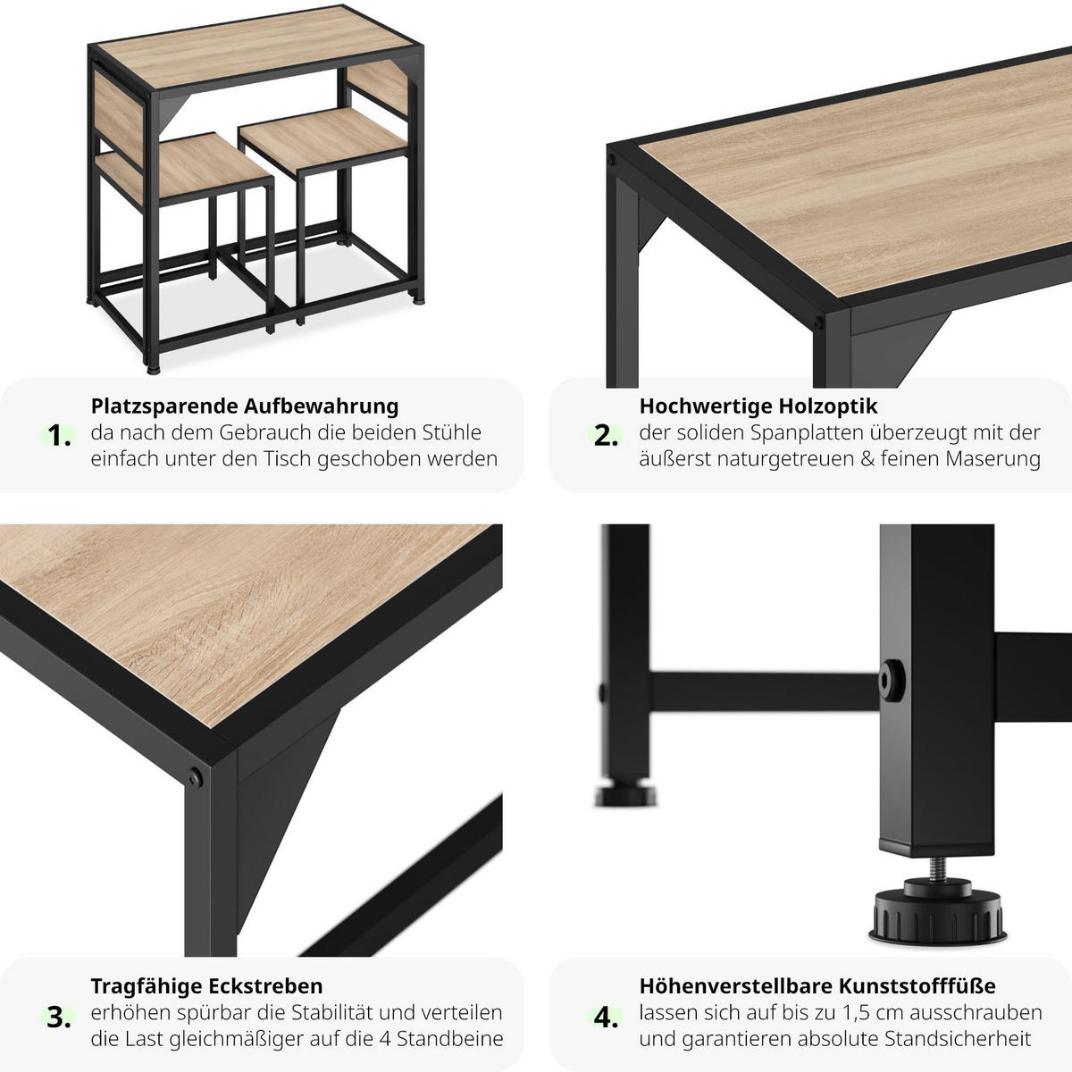 SITZGRUPPE Milton,mit höhenverstellbaren Kunststofffüßen,Industrial Holz hell, Eiche Sonoma - Naturfarben, Holzwerkstoff (48/77/91cm) - tectake