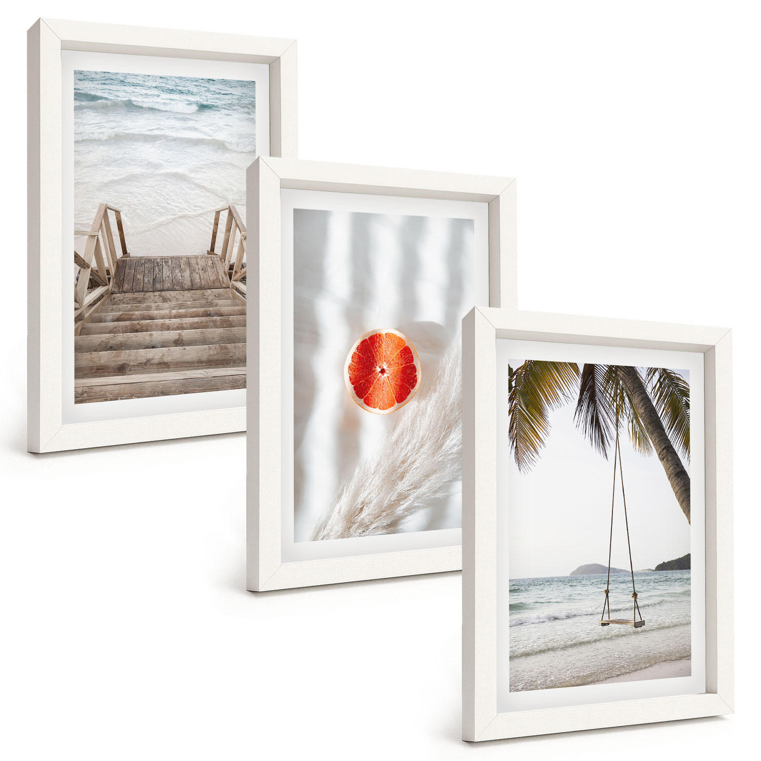 BILDER SET 3er Set - 20x30 cm Weißer Rahmen - Strandtreppe aus Holz, Urlaub - Weiß, Kunststoff (20/30cm) - TULUP