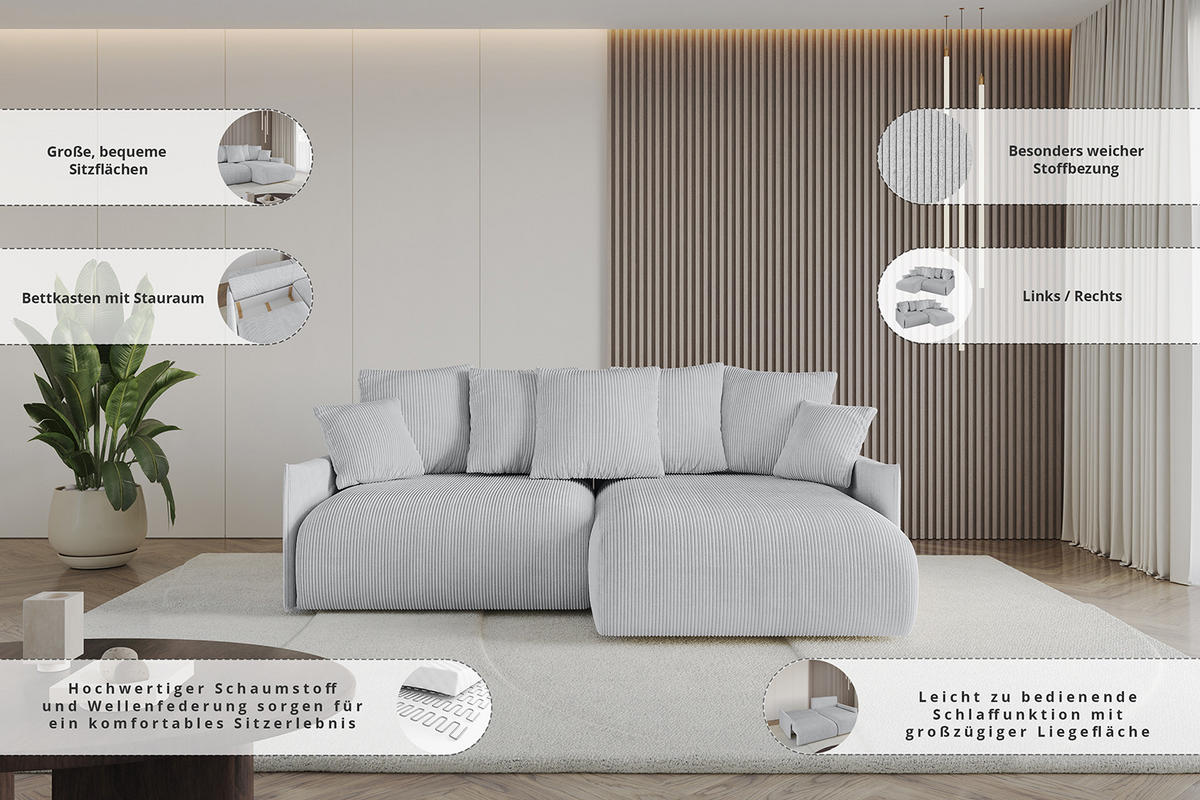 ECKSOFA Ottomane rechts ONESK-L -v1 216x177x72 Dunkelgrau Velours - Anthrazit, Holzwerkstoff/Kunststoff (177/216cm) - ALTDECOR